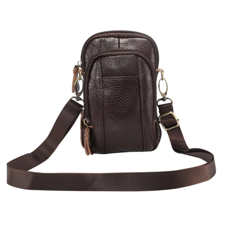 6.3 inch and Below Universal Litchi Texture Genuine Leather Men Vertical Style Case Double Zipper Shoulder Carrying Bag with Belt Hole for Sony, Huawei, Meizu, Lenovo, ASUS, Cubot, Oneplus, Xiaomi, Ulefone, Letv, DOOGEE, Vkworld, and other Smartphones