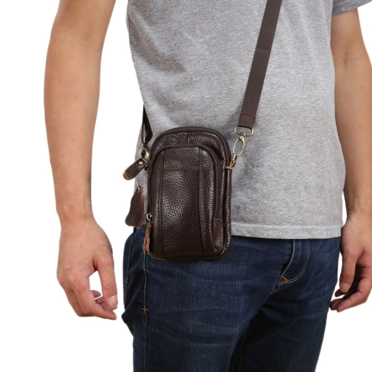 6.3 inch and Below Universal Litchi Texture Genuine Leather Men Vertical Style Case Double Zipper Shoulder Carrying Bag with Belt Hole for Sony, Huawei, Meizu, Lenovo, ASUS, Cubot, Oneplus, Xiaomi, Ulefone, Letv, DOOGEE, Vkworld, and other Smartphones