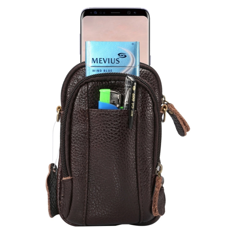 6.3 inch and Below Universal Litchi Texture Genuine Leather Men Vertical Style Case Double Zipper Shoulder Carrying Bag with Belt Hole for Sony, Huawei, Meizu, Lenovo, ASUS, Cubot, Oneplus, Xiaomi, Ulefone, Letv, DOOGEE, Vkworld, and other Smartphones