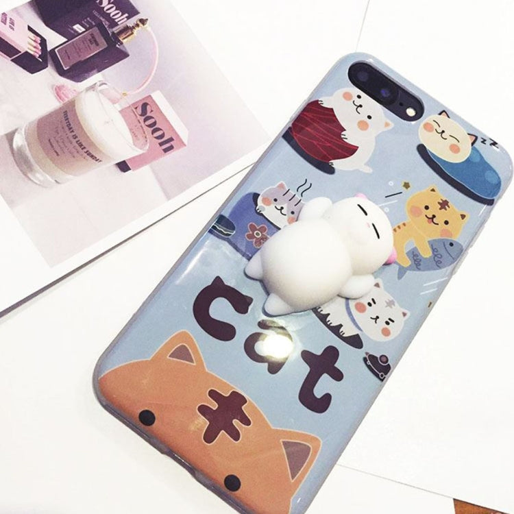 For iPhone 8 Plus & 7 Plus   Light Blue Background 3D Lovely Cat Cartoon Pattern Squeeze Relief IMD Workmanship Squishy Dropproof Protective Back Cover Case