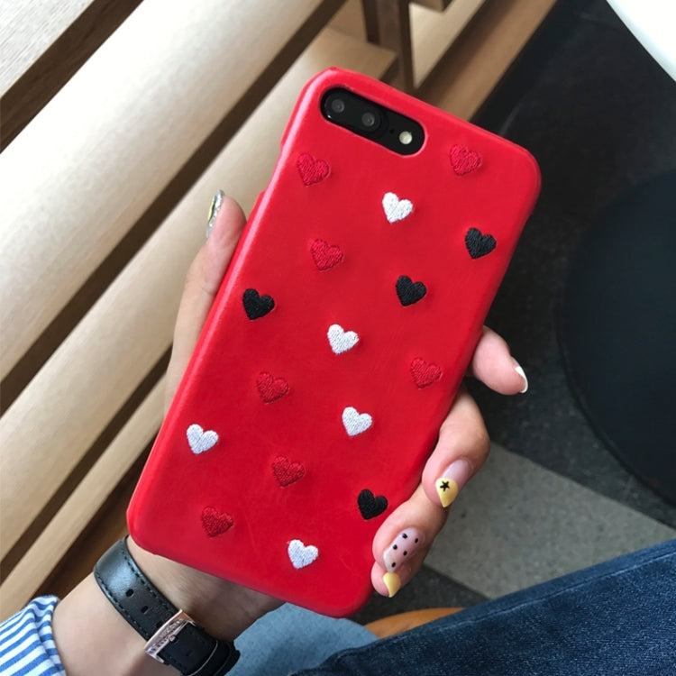 For iPhone 8 Plus & 7 Plus   Embroidery Heart Shockproof PU Protective Back Cover Case (Red)