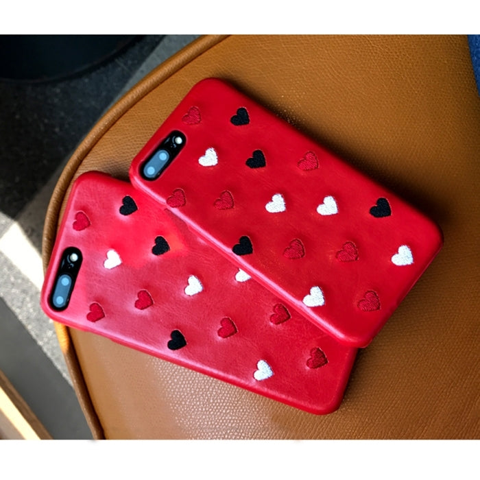 For iPhone 8 Plus & 7 Plus   Embroidery Heart Shockproof PU Protective Back Cover Case (Red)