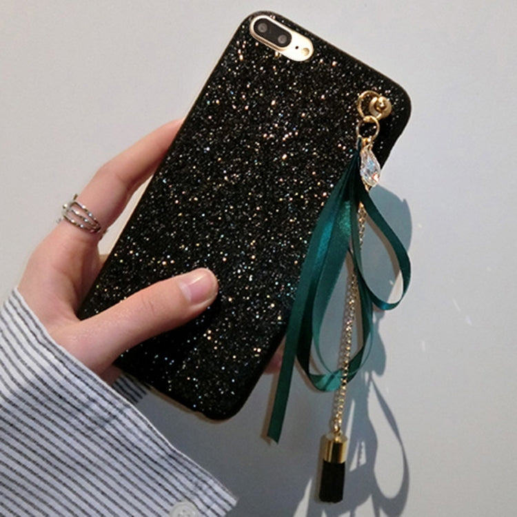 For iPhone 8 Plus & 7 Plus   Glitter Powder Protective Back Cover Case with Green Ribbon Tassel Pendant (Green)