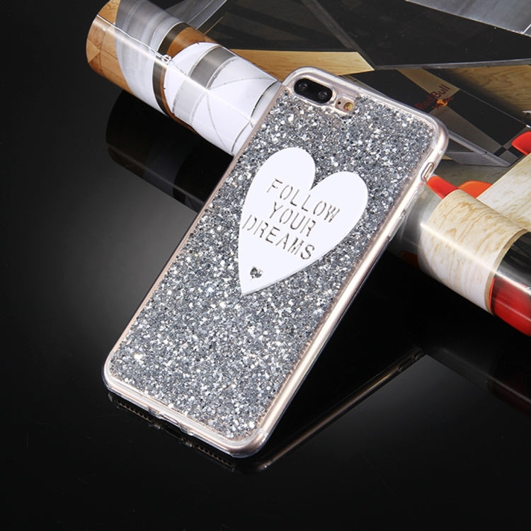 For iPhone 8 Plus & 7 Plus   Glitter Powder Heart-shaped Words Pattern Soft TPU Protective Case(Silver)