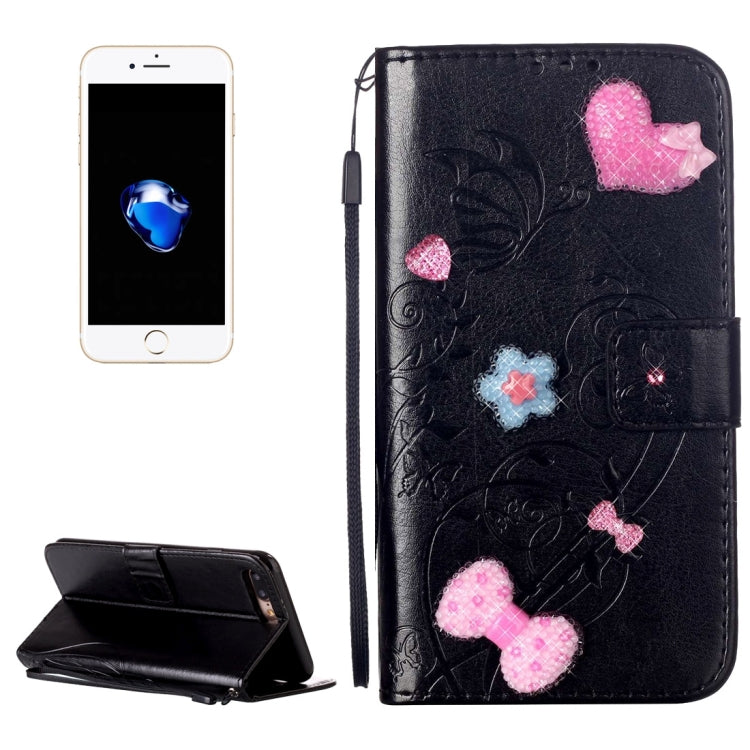 For iPhone 8 Plus & 7 Plus   Heart Diamond Encrusted Flowers Embossing Horizontal Flip Leather Case with Holder & Card Slots & Wallet & Lanyard