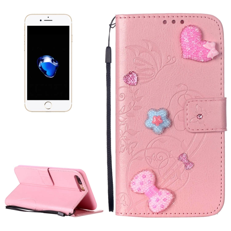 For iPhone 8 Plus & 7 Plus   Heart Diamond Encrusted Flowers Embossing Horizontal Flip Leather Case with Holder & Card Slots & Wallet & Lanyard