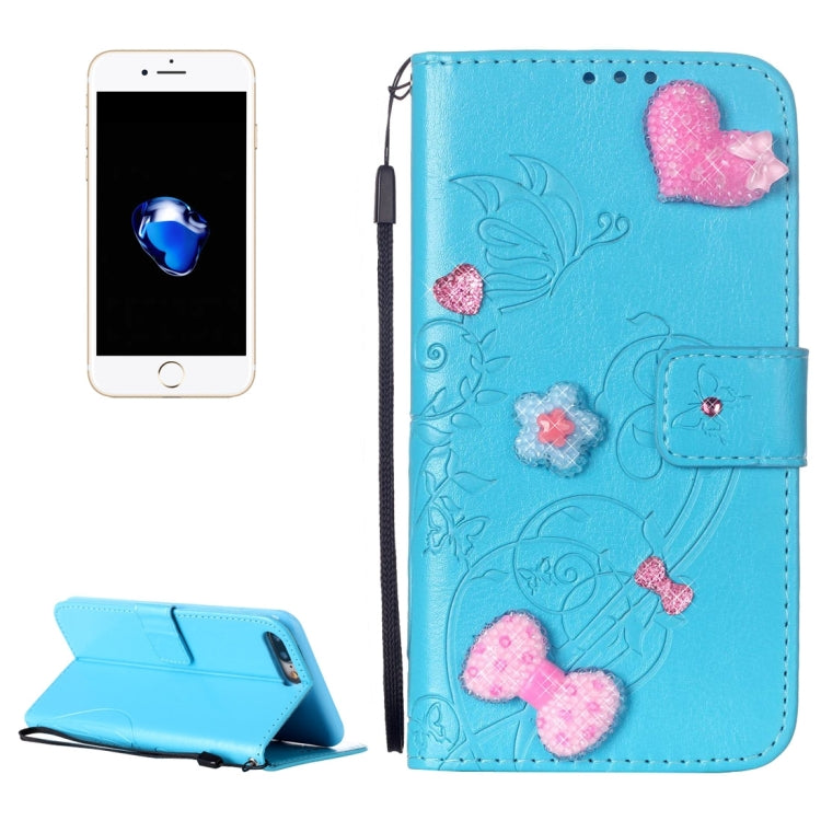 For iPhone 8 Plus & 7 Plus   Heart Diamond Encrusted Flowers Embossing Horizontal Flip Leather Case with Holder & Card Slots & Wallet & Lanyard