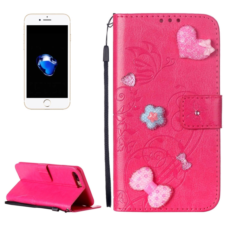 For iPhone 8 Plus & 7 Plus   Heart Diamond Encrusted Flowers Embossing Horizontal Flip Leather Case with Holder & Card Slots & Wallet & Lanyard