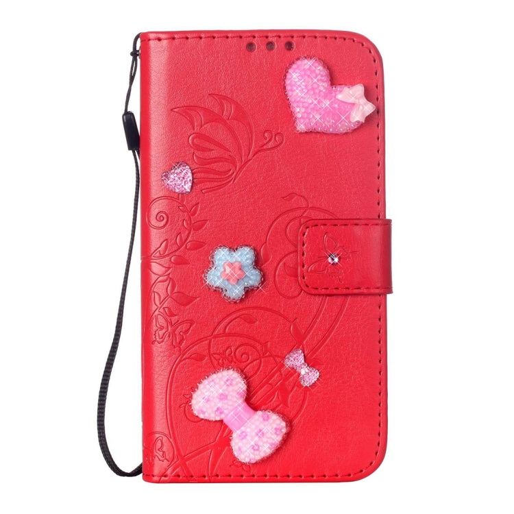 For iPhone 8 Plus & 7 Plus   Heart Diamond Encrusted Flowers Embossing Horizontal Flip Leather Case with Holder & Card Slots & Wallet & Lanyard