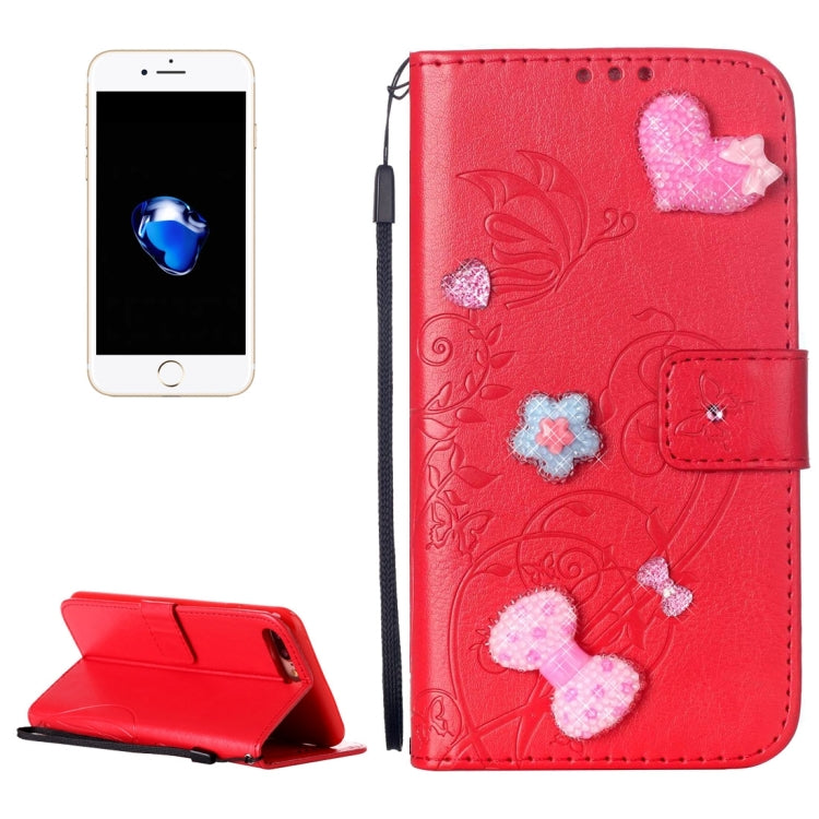 For iPhone 8 Plus & 7 Plus   Heart Diamond Encrusted Flowers Embossing Horizontal Flip Leather Case with Holder & Card Slots & Wallet & Lanyard