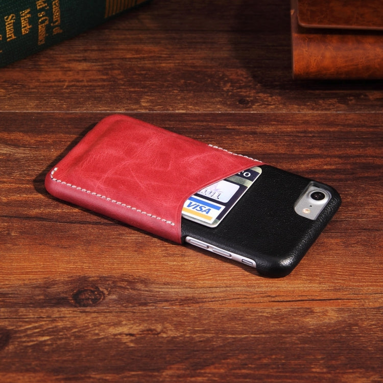 For iPhone 8 Plus & 7 Plus   Genuine Cowhide Leather Color Matching Back Cover Case with Card Slot(Wind Red)