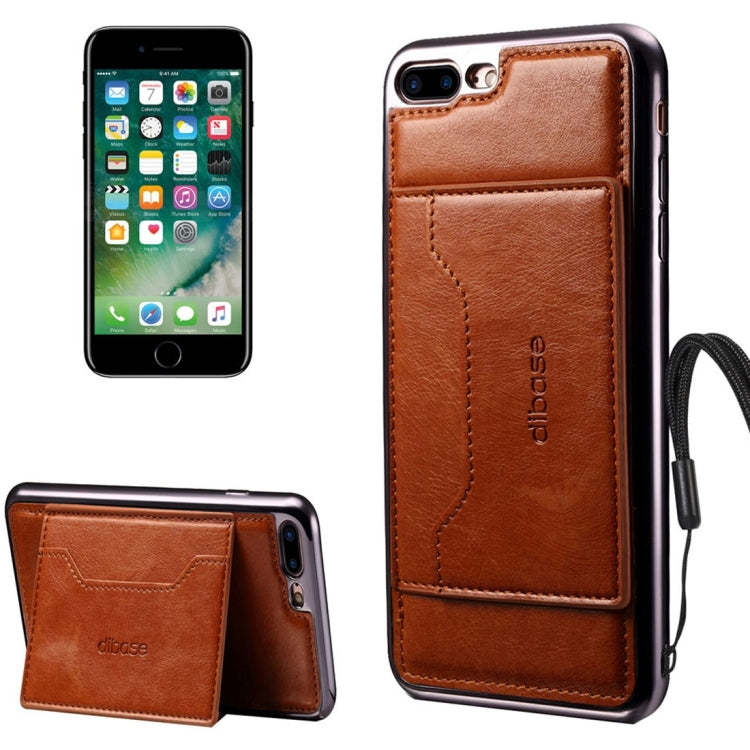 For iPhone 8 Plus & 7 Plus   Electroplating TPU Crazy Horse Texture Protective Leather Case with Holder & Card Slots & Lanyard