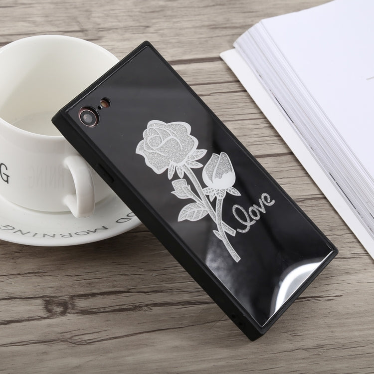 Glitter Rose Pattern Glass Case For iPhone SE 2020 & 8 & 7