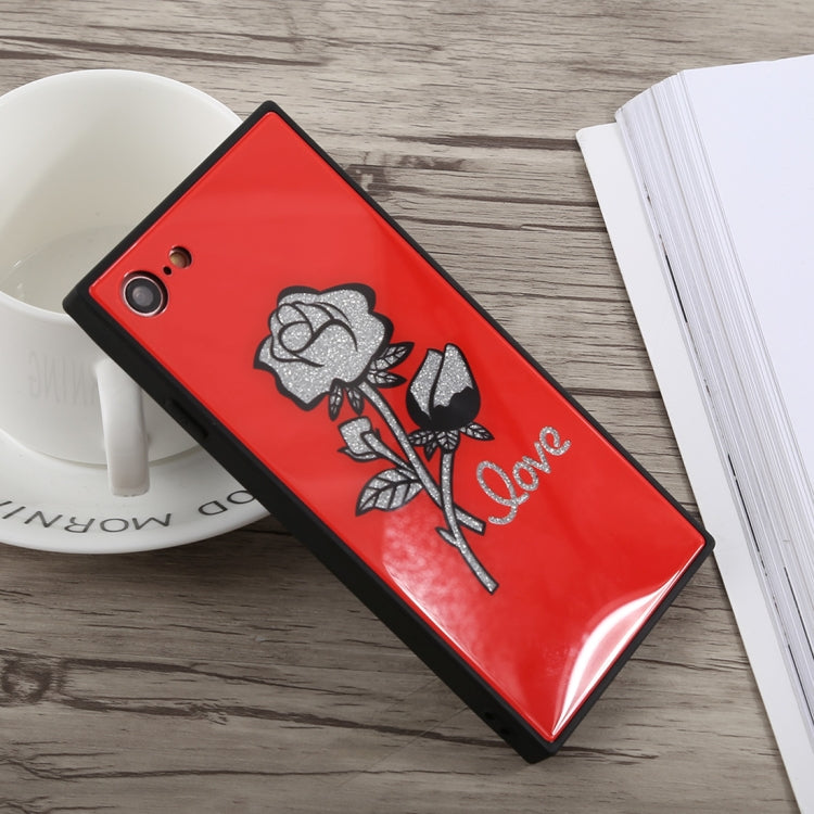 Glitter Rose Pattern Glass Case For iPhone SE 2020 & 8 & 7