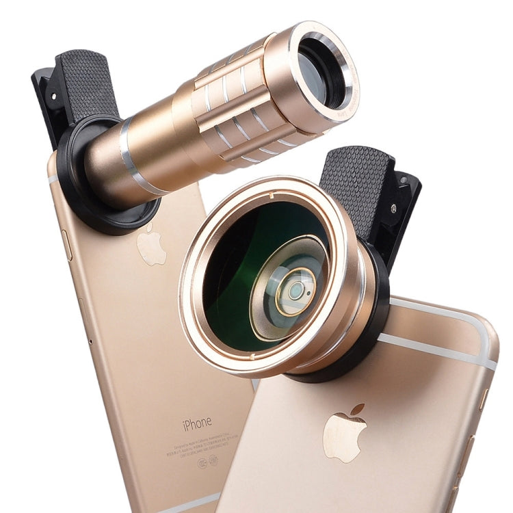 Universal 12X Telephoto Lens + 0.45X Wide-angle Lens + 12.5X Macro Lens Kit, For iPhone, Galaxy, Huawei, Xiaomi, LG, HTC and Other Smart Phones (Gold)