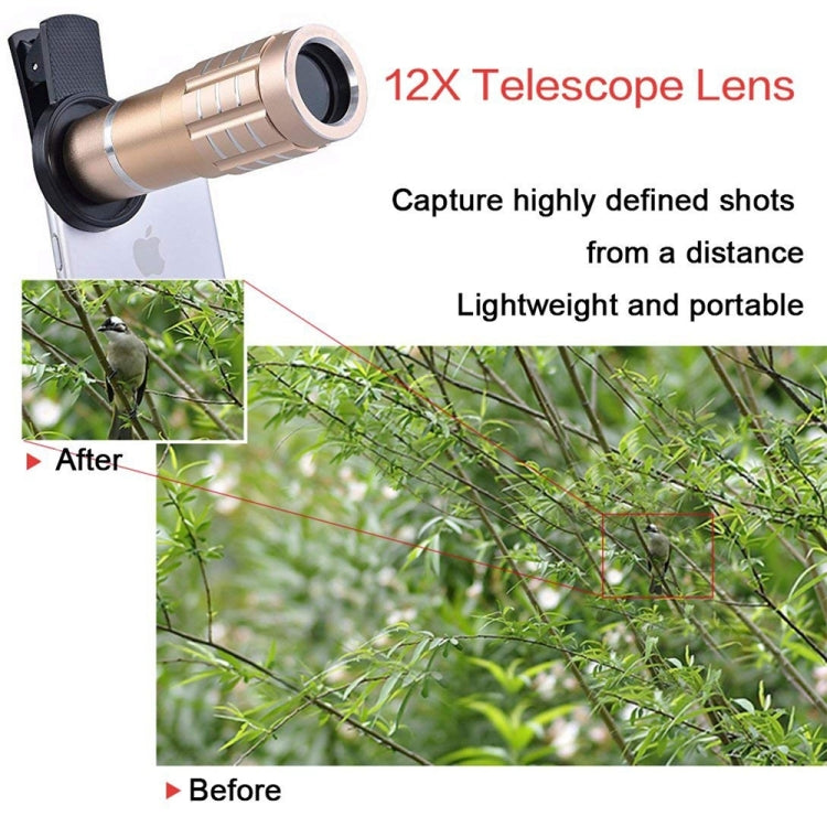 Universal 12X Telephoto Lens + 0.45X Wide-angle Lens + 12.5X Macro Lens Kit, For iPhone, Galaxy, Huawei, Xiaomi, LG, HTC and Other Smart Phones (Gold)