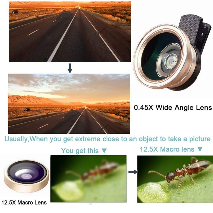 Universal 12X Telephoto Lens + 0.45X Wide-angle Lens + 12.5X Macro Lens Kit, For iPhone, Galaxy, Huawei, Xiaomi, LG, HTC and Other Smart Phones (Gold)