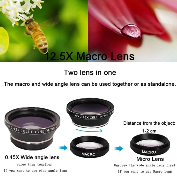 Universal 12X Telephoto Lens + 0.45X Wide-angle Lens + 12.5X Macro Lens Kit, For iPhone, Galaxy, Huawei, Xiaomi, LG, HTC and Other Smart Phones (Gold)