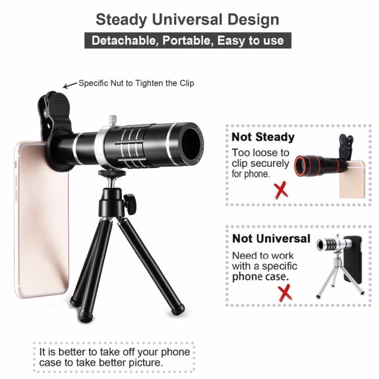 Universal 18X Zoom Telescope Telephoto Camera Lens with Tripod Mount & Mobile Phone Clip, For iPhone, Galaxy, Huawei, Xiaomi, LG, HTC and Other Smart Phones