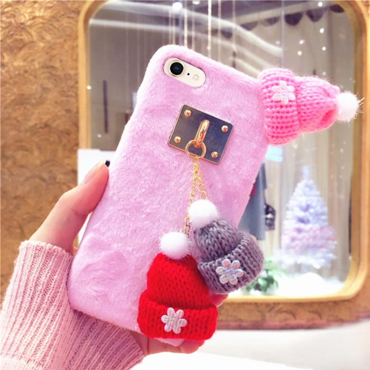 For iPhone SE 2020 & 8 & 7 Christmas Series Handmade Christmas Wool Hat Plush Surface Protective Back Cover Case with Chain