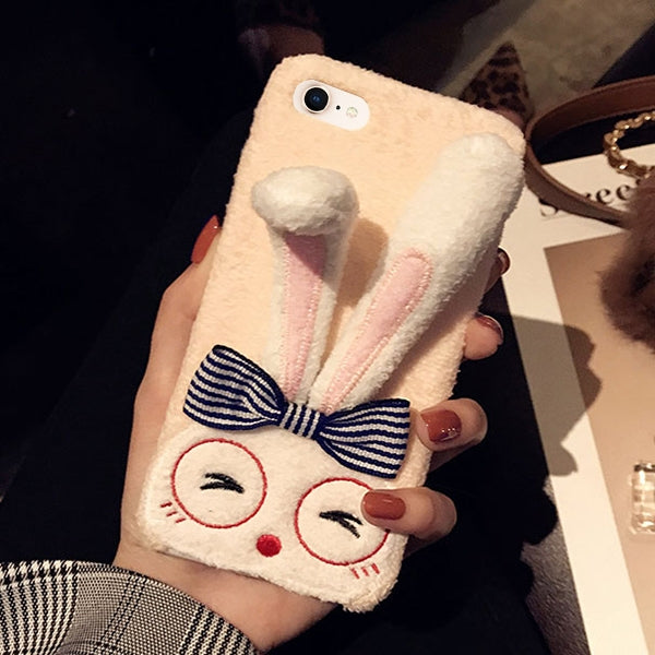 For iPhone SE 2020 & 8 & 7 Lovely Rabbit Ear Holder Warm Plush Full Coverage Protective Back Cover Case