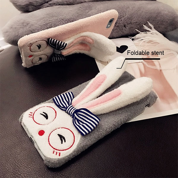 For iPhone SE 2020 & 8 & 7 Lovely Rabbit Ear Holder Warm Plush Full Coverage Protective Back Cover Case