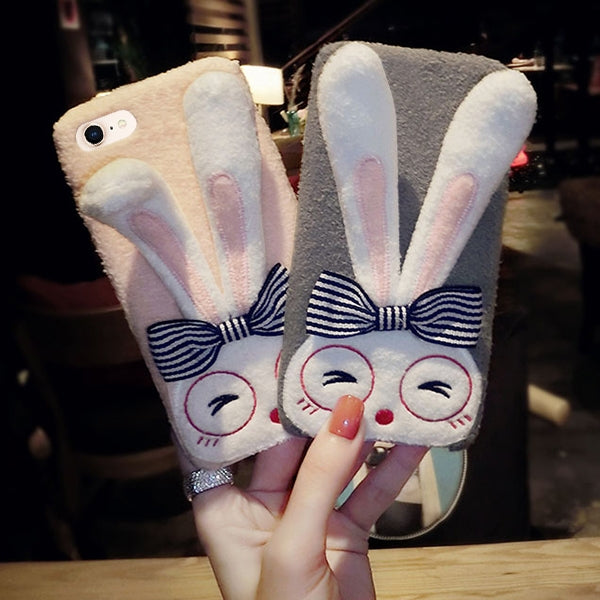 For iPhone SE 2020 & 8 & 7 Lovely Rabbit Ear Holder Warm Plush Full Coverage Protective Back Cover Case