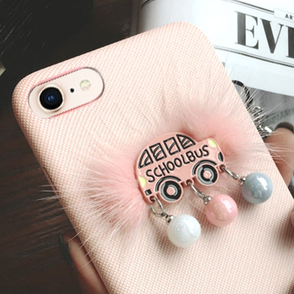 For iPhone SE 2020 & 8 & 7 Plush School Bus Pattern Protective Back Cover Case with Sling & Small Ball Pendant