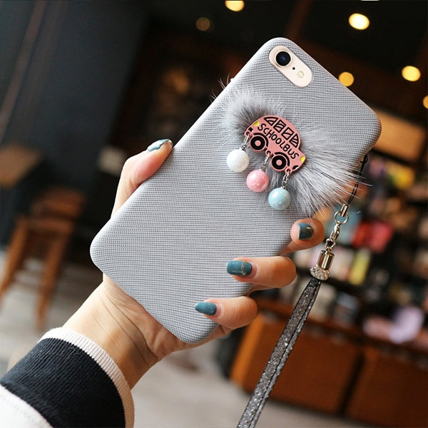 For iPhone SE 2020 & 8 & 7 Plush School Bus Pattern Protective Back Cover Case with Sling & Small Ball Pendant