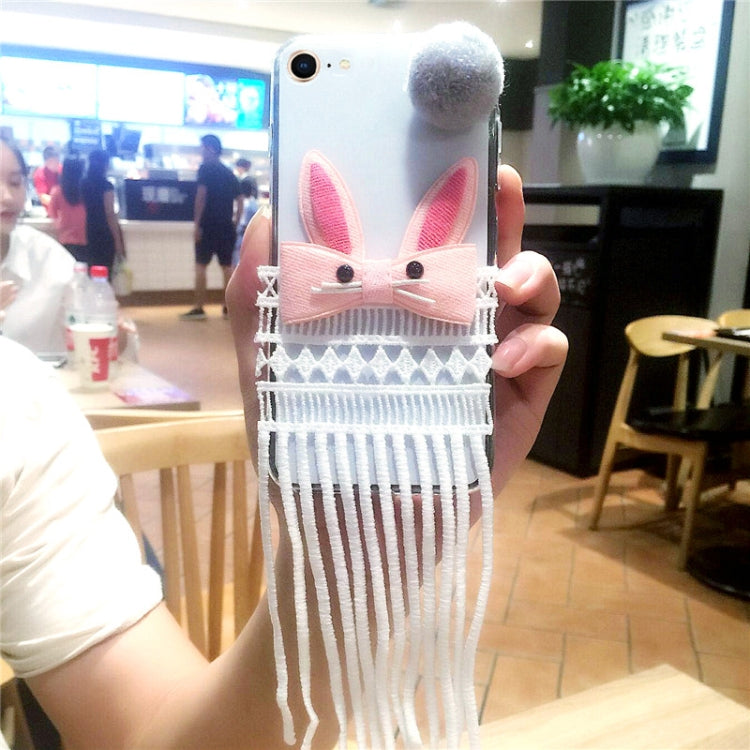 For iPhone 8 & 7 Cute Rabbit Full Coverage Protective Back Cover Case with Furry Ball