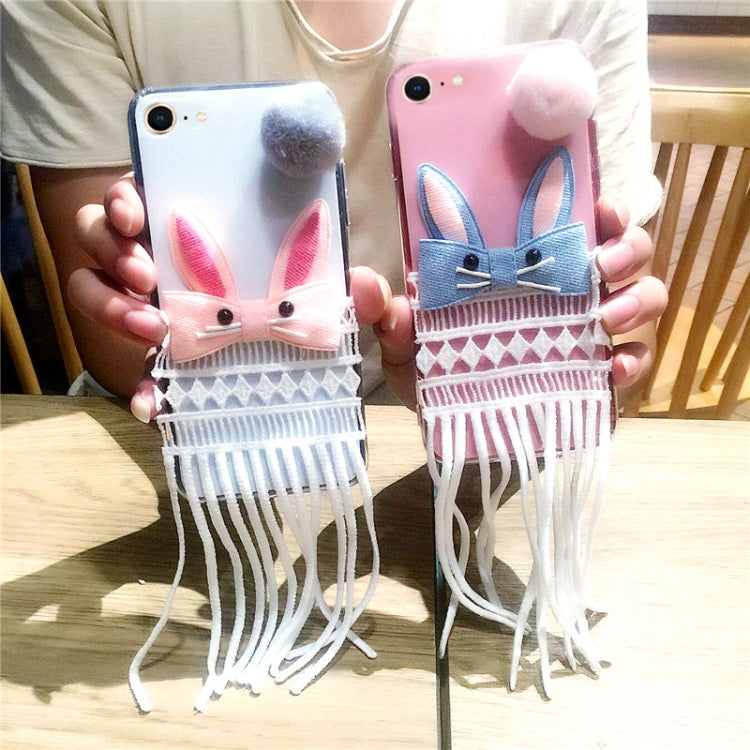 For iPhone 8 & 7 Cute Rabbit Full Coverage Protective Back Cover Case with Furry Ball