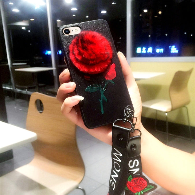 For iPhone SE 2020 & 8 & 7 Furry Ball Rose Full Coverage Embossment Protective Back Cover Case with Sling