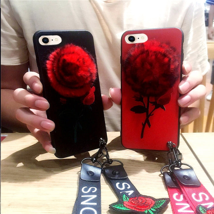 For iPhone SE 2020 & 8 & 7 Furry Ball Rose Full Coverage Embossment Protective Back Cover Case with Sling