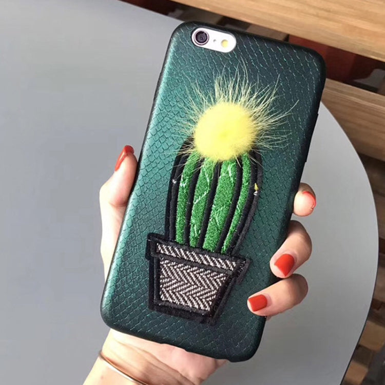 For iPhone SE 2020 & 8 & 7 Embroidery Cactus Pattern Drop-proof Protective Back Cover Case with Furry Ball