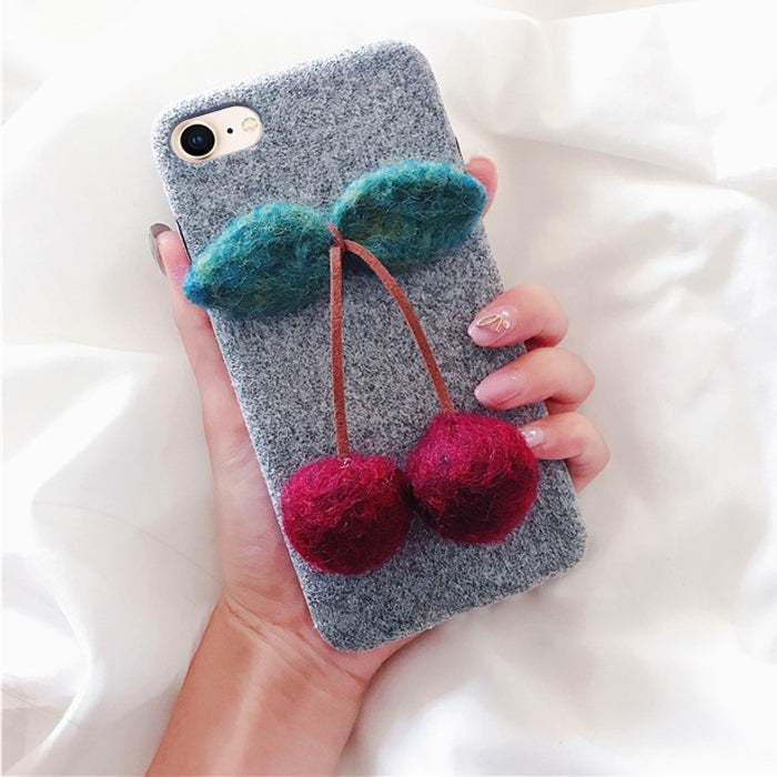 For iPhone SE 2020 & 8 & 7 Handmade Wool Felt Plush Cherry Protective Back Cover Case