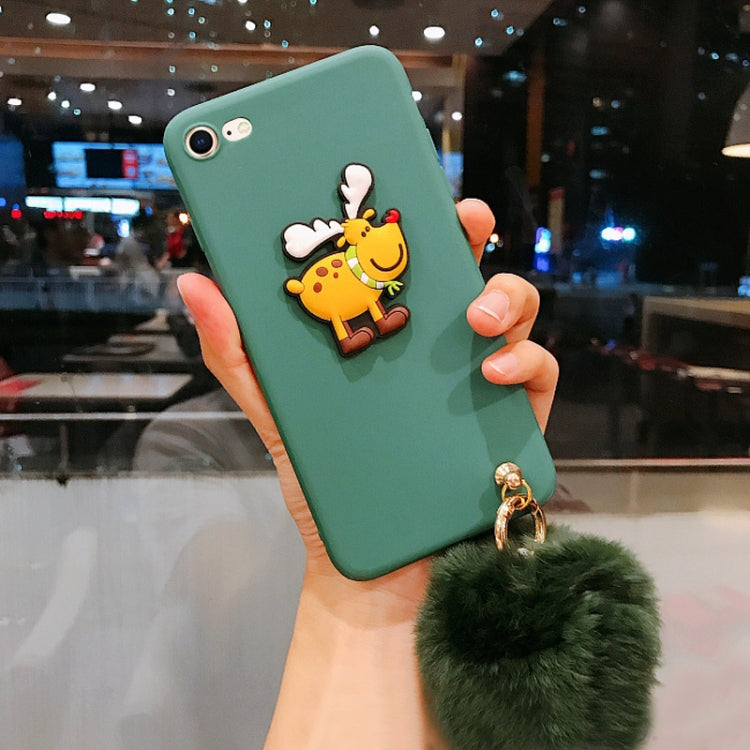 For iPhone SE 2020 & 8 & 7 Christmas Series Cartoon Elk Pattern Full Coverage Protective Back Cover Case with Furry Ball Pendant