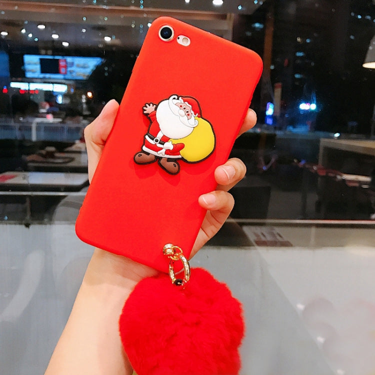 For iPhone SE 2020 & 8 & 7 Christmas Series Cartoon Santa Claus Pattern Full Coverage Protective Back Cover Case with Furry Ball Pendant
