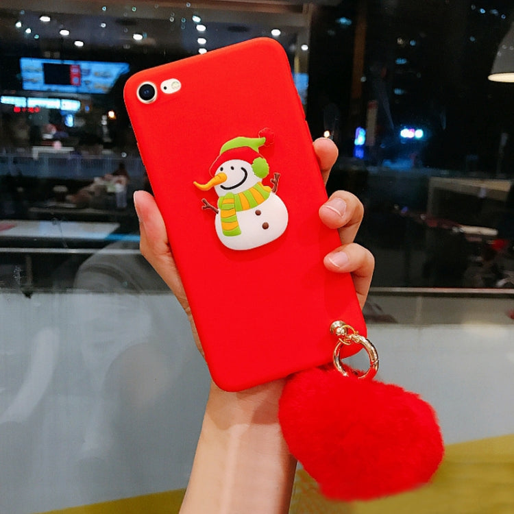 For iPhone SE 2020 & 8 & 7 Christmas Series Cartoon Snowman Pattern Full Coverage Protective Back Cover Case with Furry Ball Pendant