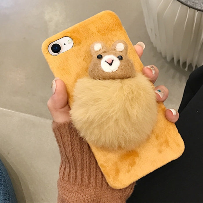 For iPhone SE 2020 & 8 & 7 Fashion Cute Little Bear Furry Ball Pattern Felt Plush Protective Back Cover Case