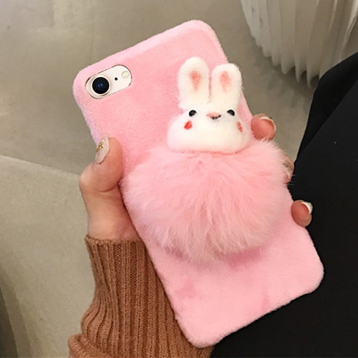 For iPhone SE 2020 & 8 & 7 Fashion Cute Rabbit Furry Ball Pattern Felt Plush Protective Back Cover Case