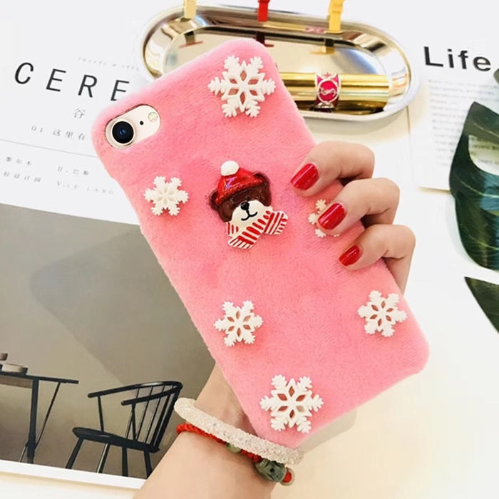 For iPhone SE 2020 & 8 & 7 Fashion Cute 3D Snow Christmas Bear Pattern Flannel Protective Back Cover Case