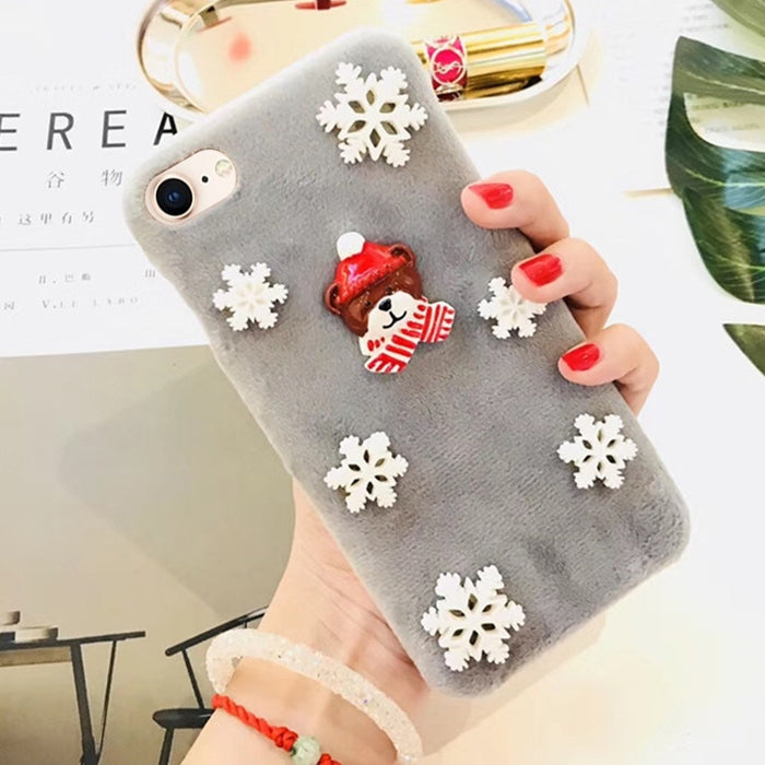 For iPhone SE 2020 & 8 & 7 Fashion Cute 3D Snow Christmas Bear Pattern Flannel Protective Back Cover Case