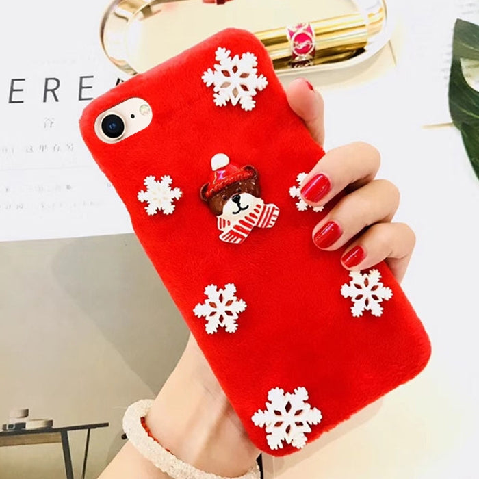 For iPhone SE 2020 & 8 & 7 Fashion Cute 3D Snow Christmas Bear Pattern Flannel Protective Back Cover Case