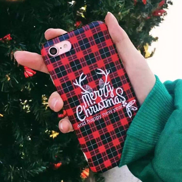 For iPhone SE 2020 & 8 & 7 Fashion Red Lattice Merry Christmas and Happy New Year Elk Horn Pattern Protective Back Cover Case