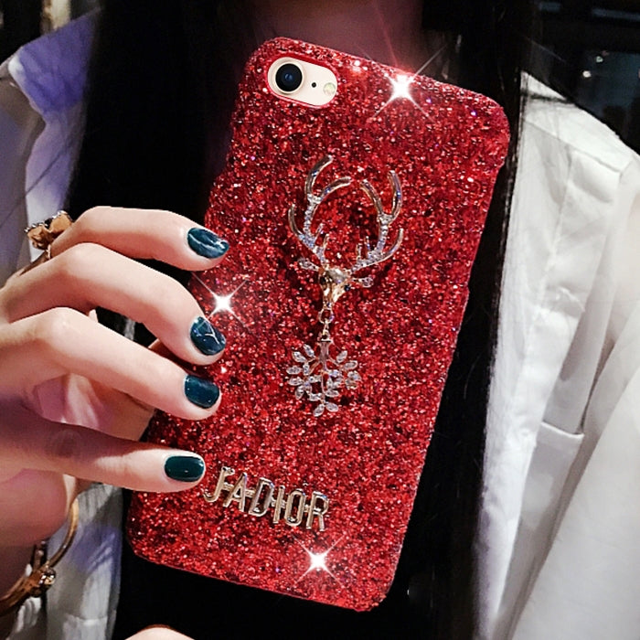 For iPhone SE 2020 & 8 & 7 Fashion Cute 3D Diamond Elk Pattern Glitter Powder Protective Back Cover Case