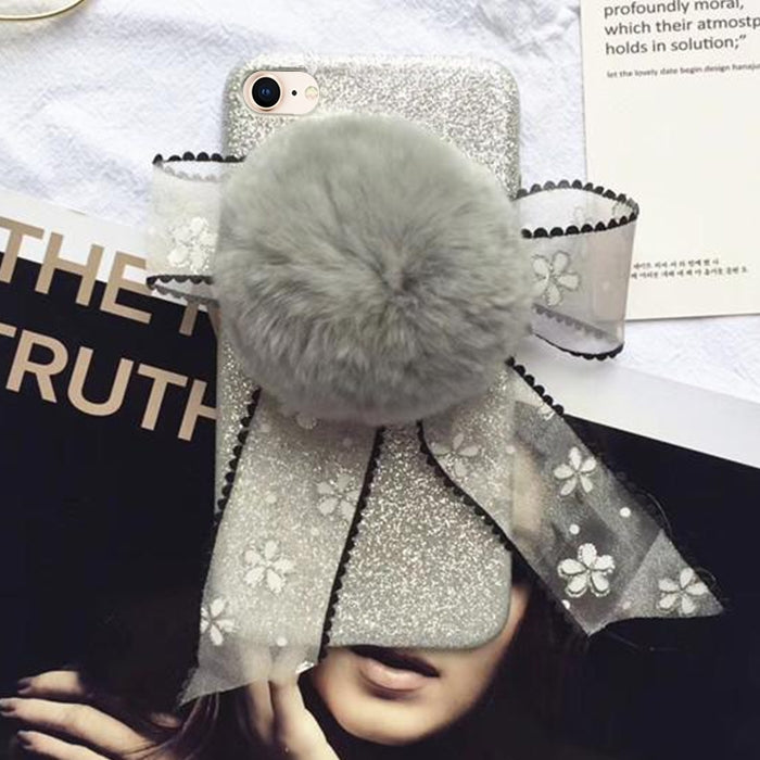 For iPhone SE 2020 & 8 & 7 Fashion Cute 3D Lace Butterfly Knot Furry Ball Pattern Flannel Protective Back Cover Case (Grey)