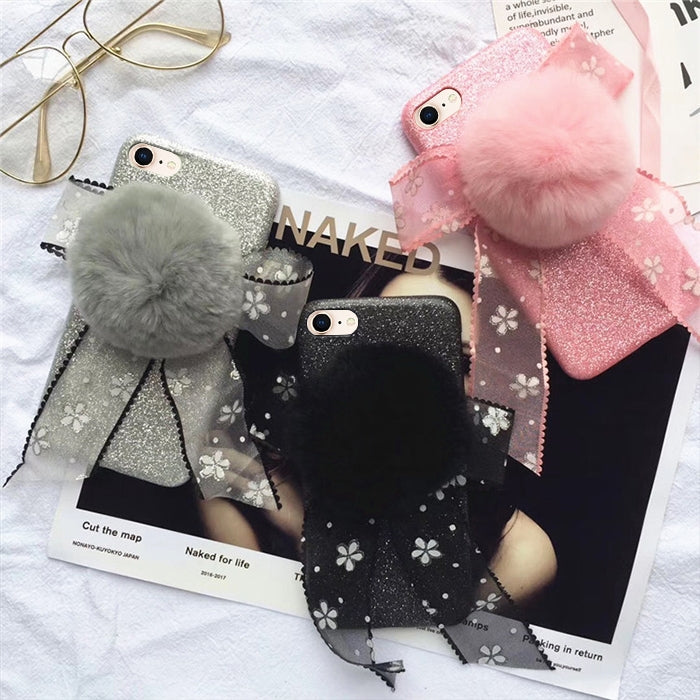 For iPhone SE 2020 & 8 & 7 Fashion Cute 3D Lace Butterfly Knot Furry Ball Pattern Flannel Protective Back Cover Case (Grey)