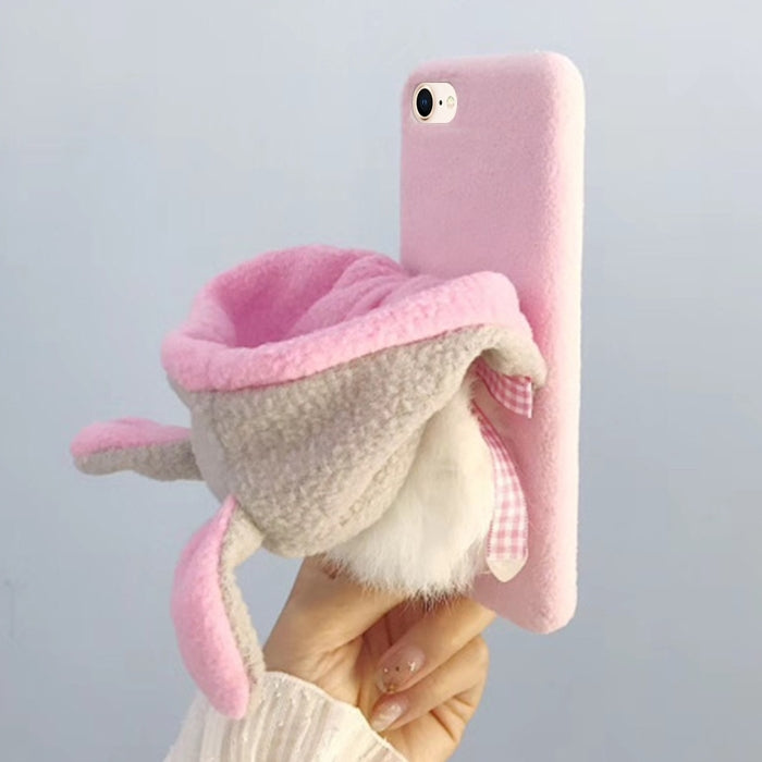 For iPhone SE 2020 & 8 & 7 Plush Lovely Rabbit Ears Hat Protective Back Cover Case with Furry Ball