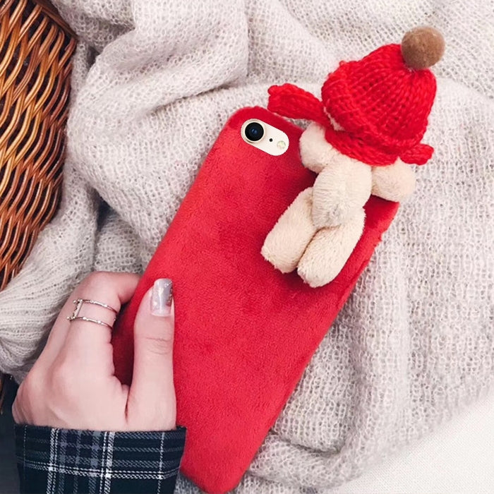 For iPhone SE 2020 & 8 & 7 Lovely 3D Papa Scarf Bear Doll Plush Protective Back Cover Case