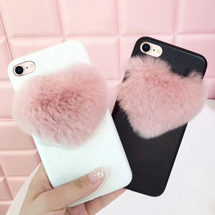 For iPhone SE 2020 & 8 & 7 Plush Heart-shaped Protective Back Cover Case